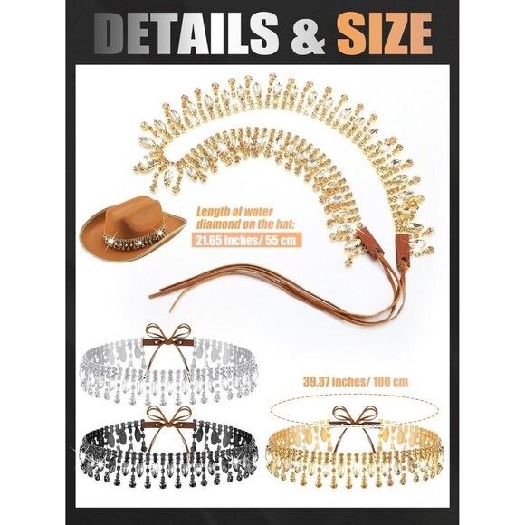 3 Pcs Rhinestone Cowboy Hat Bands Western Style Adjustable Fit for Men Women main image 6